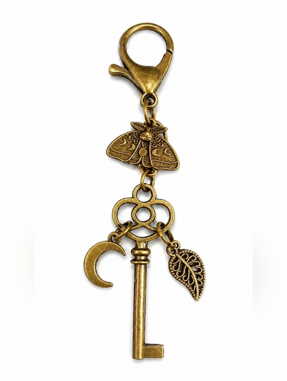 Handmade Antique Bronze Key Charm Moon Moth Crescent Leaf Cottagecore Moonspell